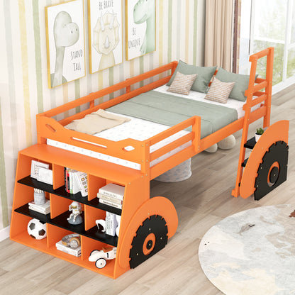 Twin Size Forklift Car-Shaped Loft Bed with Storage Shelves,Orange