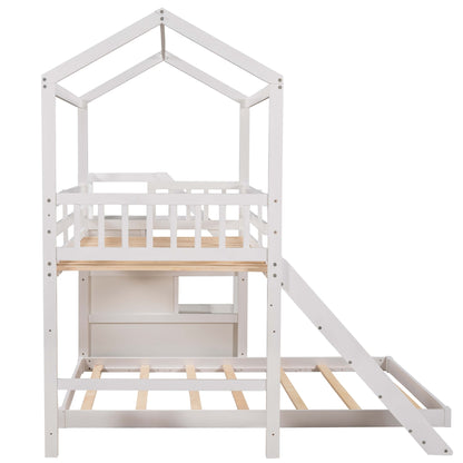 Twin over Full House Bunk Bed with Convertible Slide and Storage Staircase,Full-Length Guardrail,White