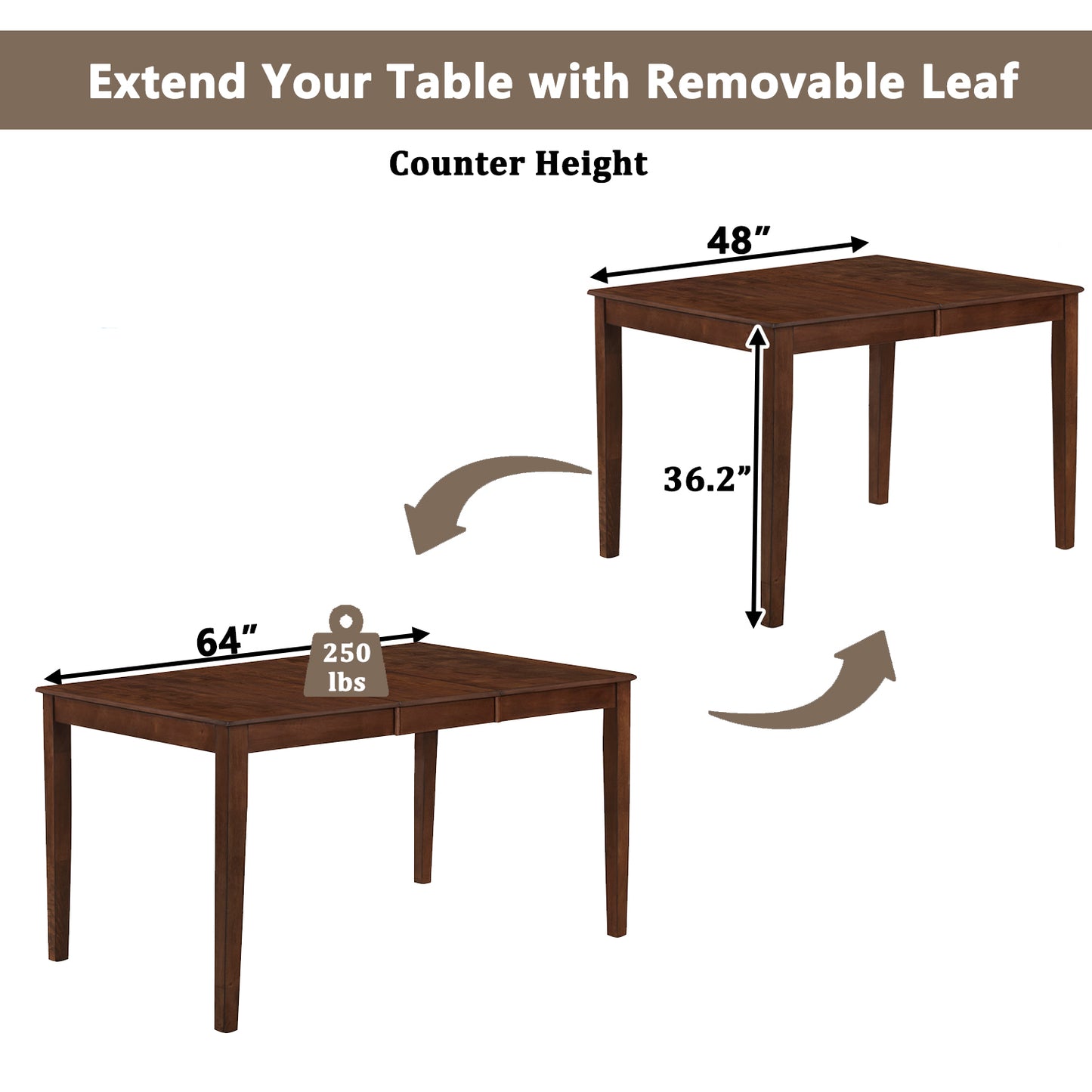 TOPMAX Farmhouse Extendable Counter Height 6-Piece Dining Table Set with Removable Leaf, 4 Dining Chairs and Dining Bench with Back, Brown Walnut+Beige