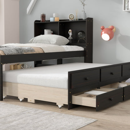 Twin Bed with Bookcase,Twin Trundle,Drawers,Espresso