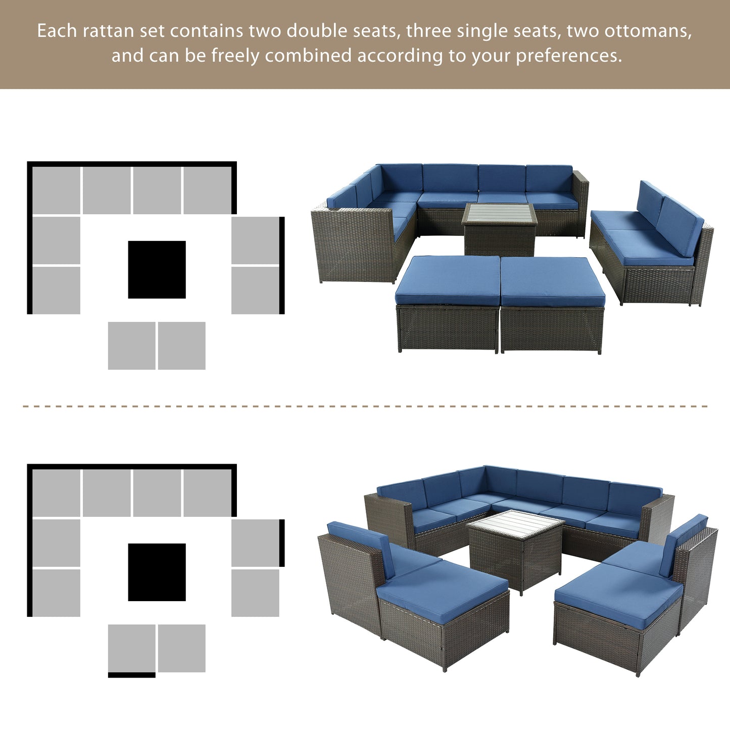 U_Style 9 Piece Rattan Sectional Seating Group with Cushions and Ottoman, Patio Furniture Sets, Outdoor Wicker Sectional