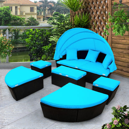 Outdoor rattan daybed sunbed with Retractable Canopy Wicker Furniture, Round Outdoor Sectional Sofa Set, black Wicker Furniture Clamshell  Seating with Washable Cushions, Backyard, Porch, Blue.