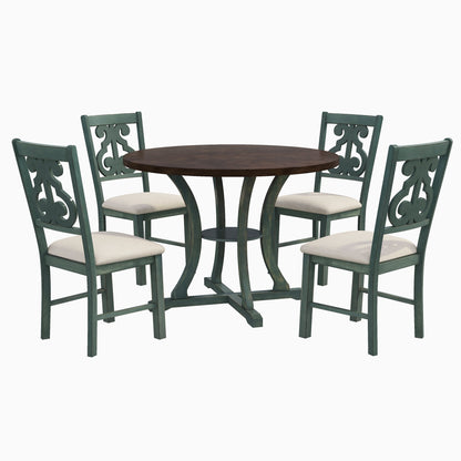 TREXM 5-Piece Round Dining Table and 4 Fabric Chairs with Special-shaped Table Legs and Storage Shelf (Antique Blue/ Dark Brown)