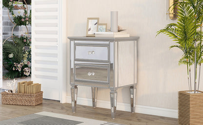 Elegant Mirrored Nightstand with 2 Drawers, Modern Silver Finished End Table Side Table for Living Room Bedroom