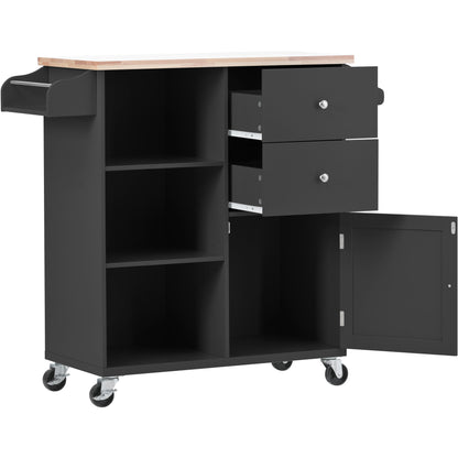 K&K Store Kitchen Cart on 4 Wheels with 2 Drawers and 3 Open Shelves, Kitchen Island with Rubber Wood top for Dinning Room, Black