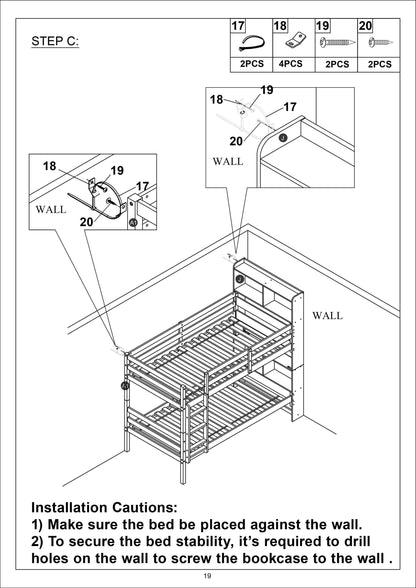 Twin Over Twin Bunk Beds with Bookcase Headboard, Solid Wood Bed Frame with Safety Rail and Ladder, Kids/Teens Bedroom, Guest Room Furniture, Can Be converted into 2 Beds, White