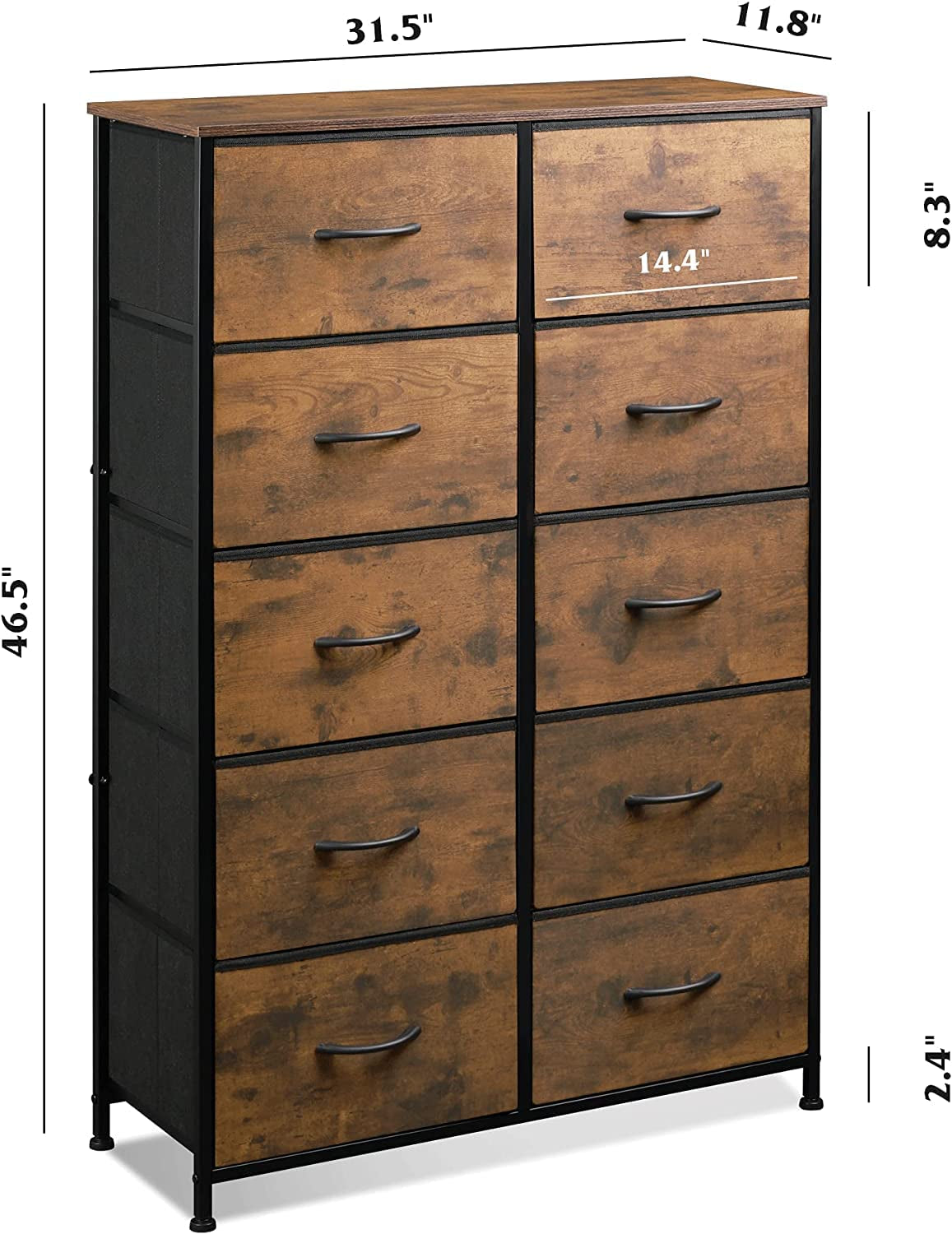 Tall Dresser for Bedroom with 10 Drawers, Chest of Drawers, Fabric Dresser for Nursery, Closets, Storage Organizer Unit with Fabric Bins, Steel Frame, Wood Top, Rustic Brown Wood Grain Print