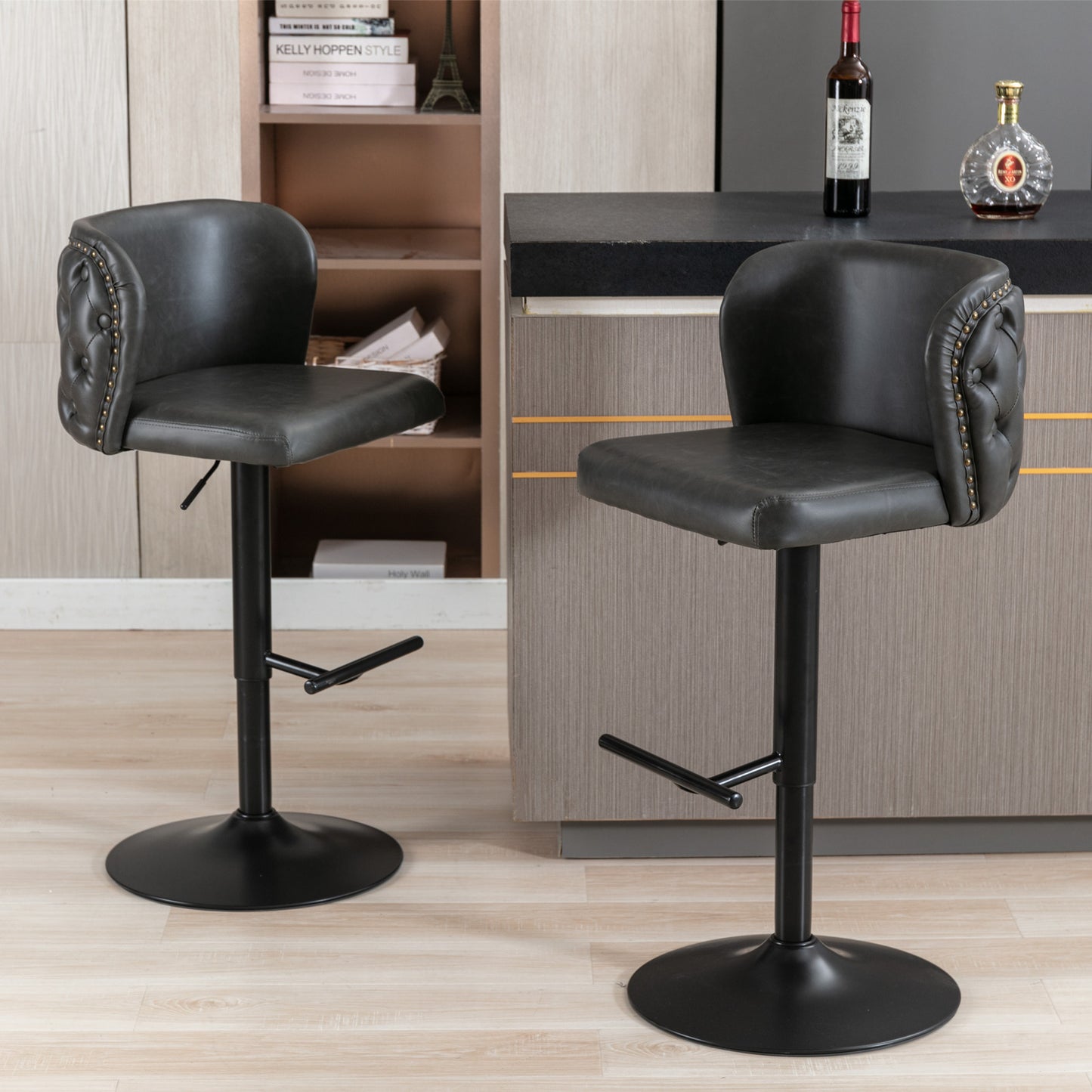 A&A Furniture,Swivel Barstools Adjusatble Seat Height, Modern PU Upholstered Bar Stools with the whole Back Tufted, for Home Pub and Kitchen Island（Dark Gray, Set of 2）