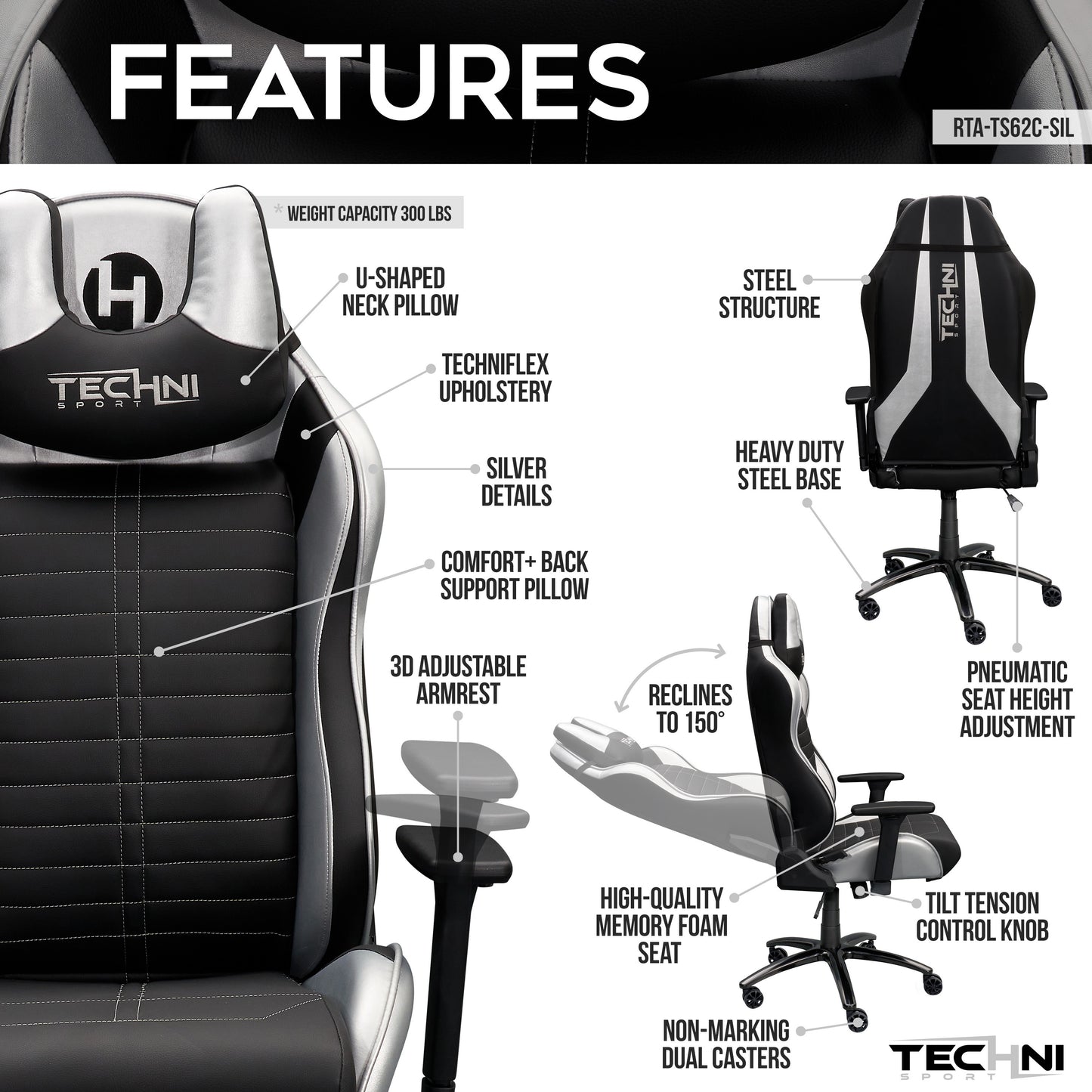 Techni Sport Ergonomic Racing Style Gaming  Chair - Silver