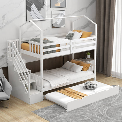 Multifunctional Twin over Twin House Bunk Bed with Staircase and Storage Space,White