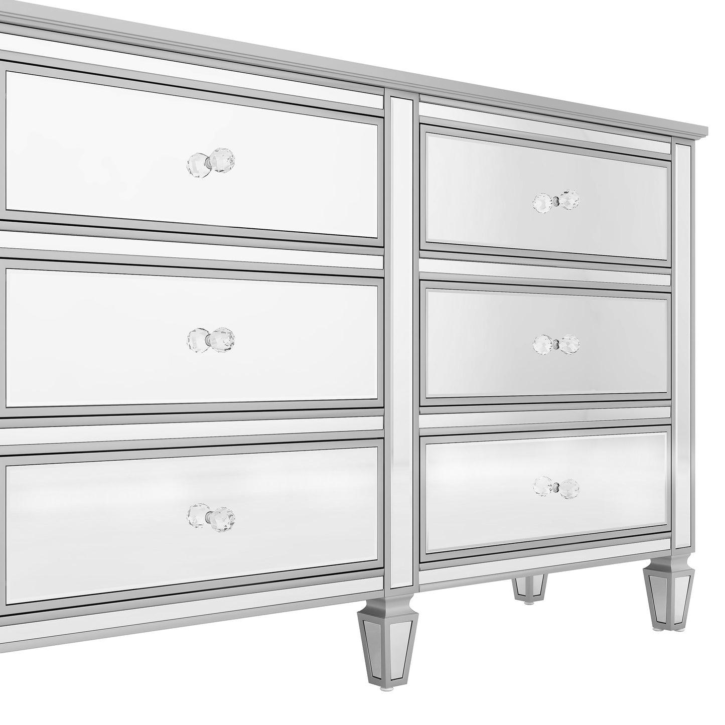 Elegant Mirrored Dresser with 6 Drawers, Modern Silver Finished Dresser 56.1“L x 18.1” W x 36.4” H for Living Room Bedroom