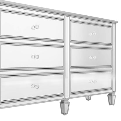 Elegant Mirrored Dresser with 6 Drawers, Modern Silver Finished Dresser 56.1“L x 18.1” W x 36.4” H for Living Room Bedroom