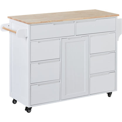 K&K Store Kitchen Cart with Rubber Wood Countertop , Kitchen Island has 8 Handle-Free Drawers Including a Flatware Organizer and 5 Wheels for Kitchen Dinning Room, White