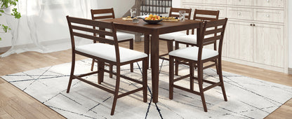 TOPMAX Farmhouse Extendable Counter Height 6-Piece Dining Table Set with Removable Leaf, 4 Dining Chairs and Dining Bench with Back, Brown Walnut+Beige