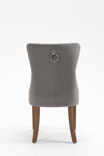 Upholstered Button Tufted Back Gray Velvet Dining Chair with Nailhead Trim and Solid Wood Legs 2 Sets