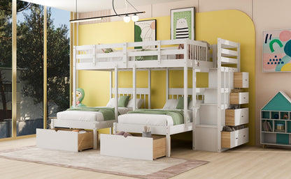 Full Over Twin & Twin Bunk Bed, Wood Triple Bunk Bed with Drawers and Guardrails (White)