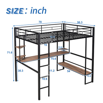 Full Size Loft Metal&MDF Bed with Long Desk and Shelves,Black