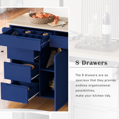 K&K Store Kitchen Cart with Rubber Wood Countertop , Kitchen Island has 8 Handle-Free Drawers Including a Flatware Organizer and 5 Wheels for Kitchen Dinning Room, Dark Blue