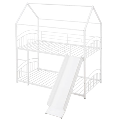 Twin Over Twin Metal Bunk Bed With Slide,Kids House Bed White