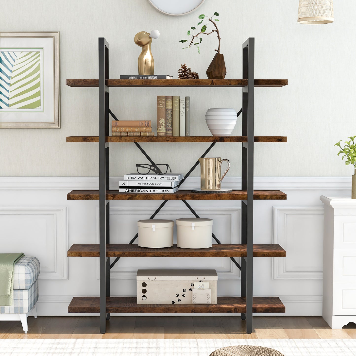 ON-TREND  5-tier Industrial Bookcase with Rustic Wood and Metal Frame, Large Open Bookshelf for Living Room（Distressed Brown）