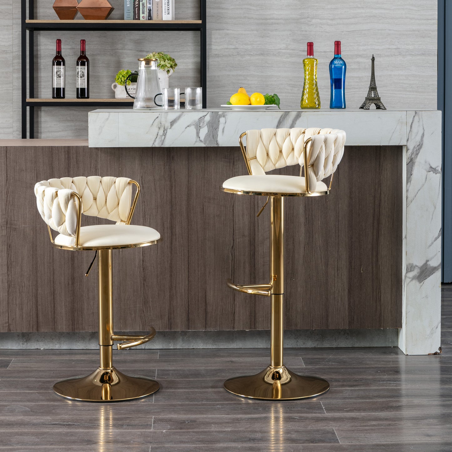 Set of 2  Bar Stools,with Chrome Footrest and Base Swivel Height Adjustable Mechanical Lifting Velvet + Golden Leg Simple Bar Stool-Cream