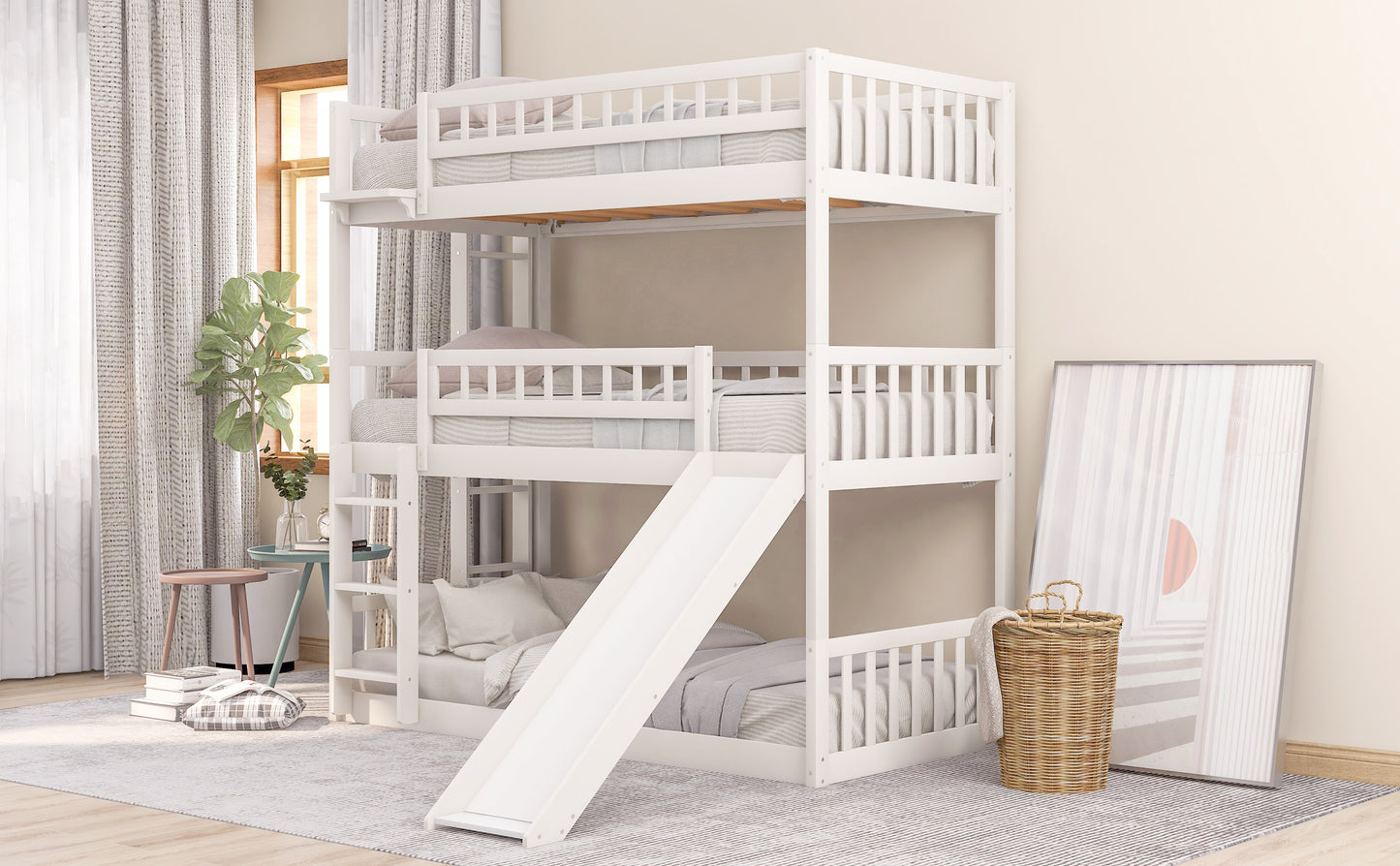 Twin-Over-Twin-Over-Twin Triple Bed with Built-in Ladder and Slide, Triple Bunk Bed with Guardrails, White(OLD SKU: LP000051AAK)