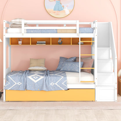 Twin Over Twin Bunk Bed with Trundle ,Stairs,Ladders Solid Wood Bunk bed with Storage Cabinet （White + Yellow）