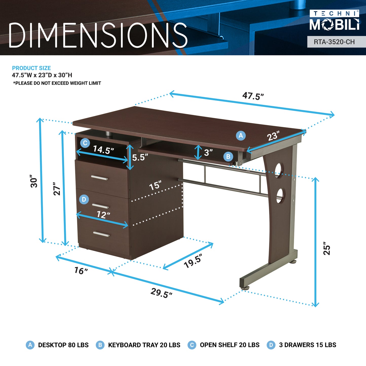 Techni Mobili Computer Desk with Ample Storage, Chocolate