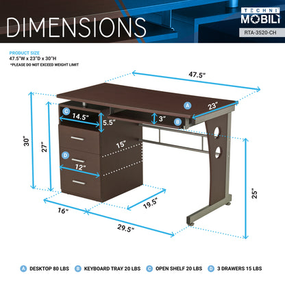 Techni Mobili Computer Desk with Ample Storage, Chocolate