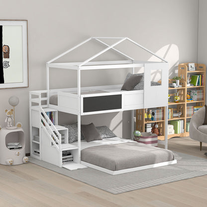 Twin over Full House Bunk Bed with Storage Staircase and Blackboard,White