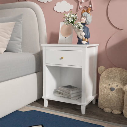 Wooden Nightstand with One Drawer One Shelf for Kids, Adults, White