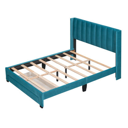 Full Size Storage Bed Velvet Upholstered Platform Bed with a Big Drawer - Blue