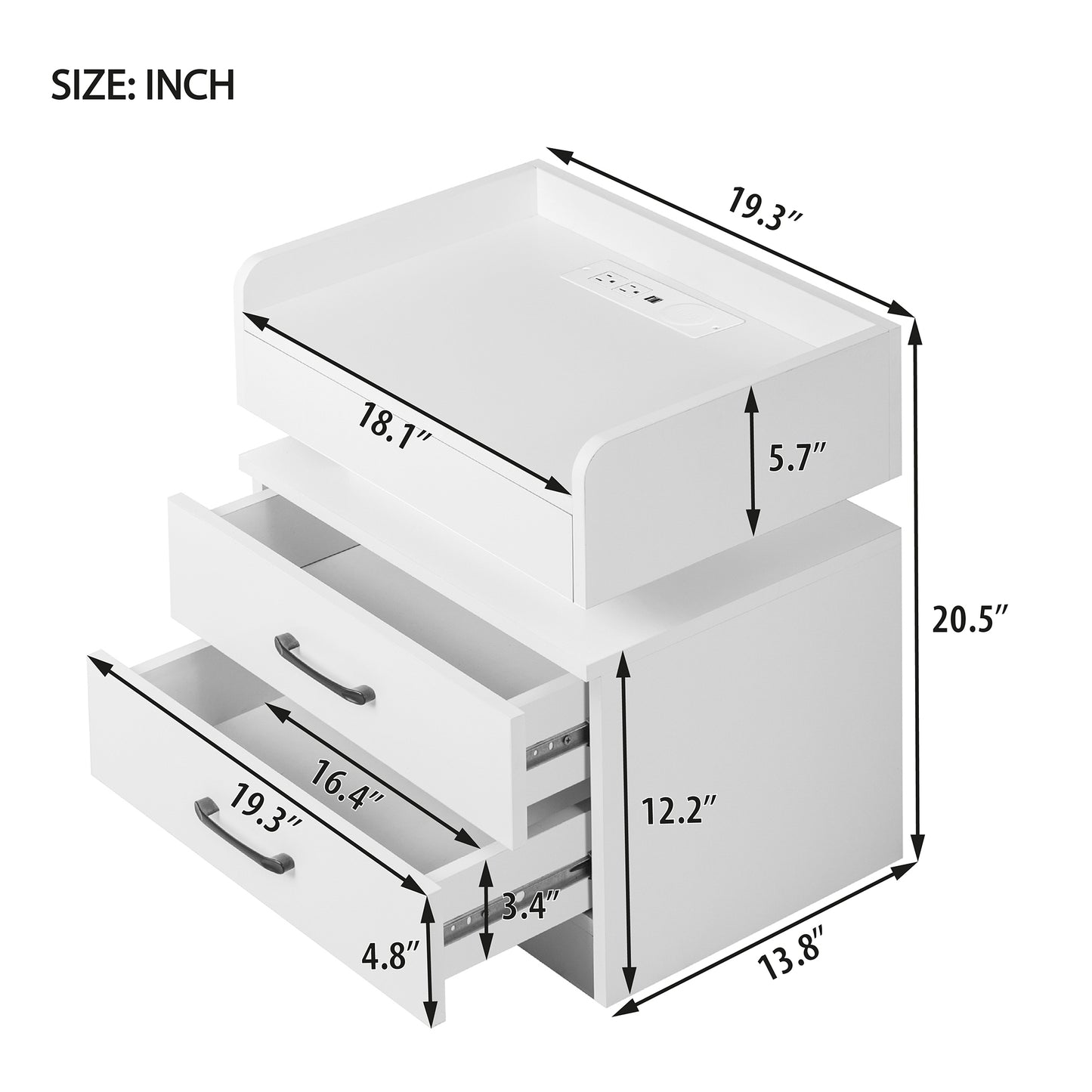 Nightstand with 2 Drawers,USB Charging Ports, Wireless Charging and Remote Control LED Light-White