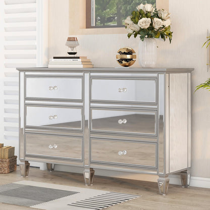 Elegant Mirrored Dresser with 6 Drawers, Modern Silver Finished Dresser 56.1“L x 18.1” W x 36.4” H for Living Room Bedroom