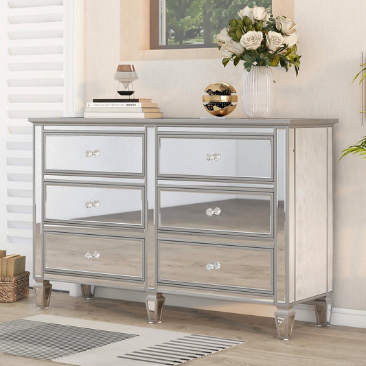 Elegant Mirrored Dresser with 6 Drawers, Modern Silver Finished Dresser 56.1“L x 18.1” W x 36.4” H for Living Room Bedroom