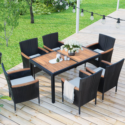 7-Piece Outdoor Patio Dining Set, Garden PE Rattan Wicker Dining Table and Chairs Set, Acacia Wood Tabletop, Stackable Armrest Chairs with Cushions (Brown)