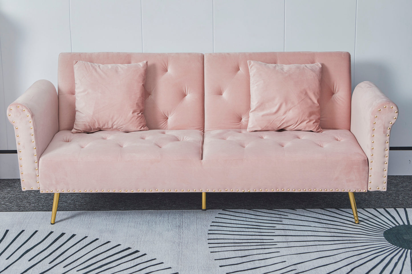 [New+Video]Pink velvet nail head sofa bed with throw pillow and midfoot