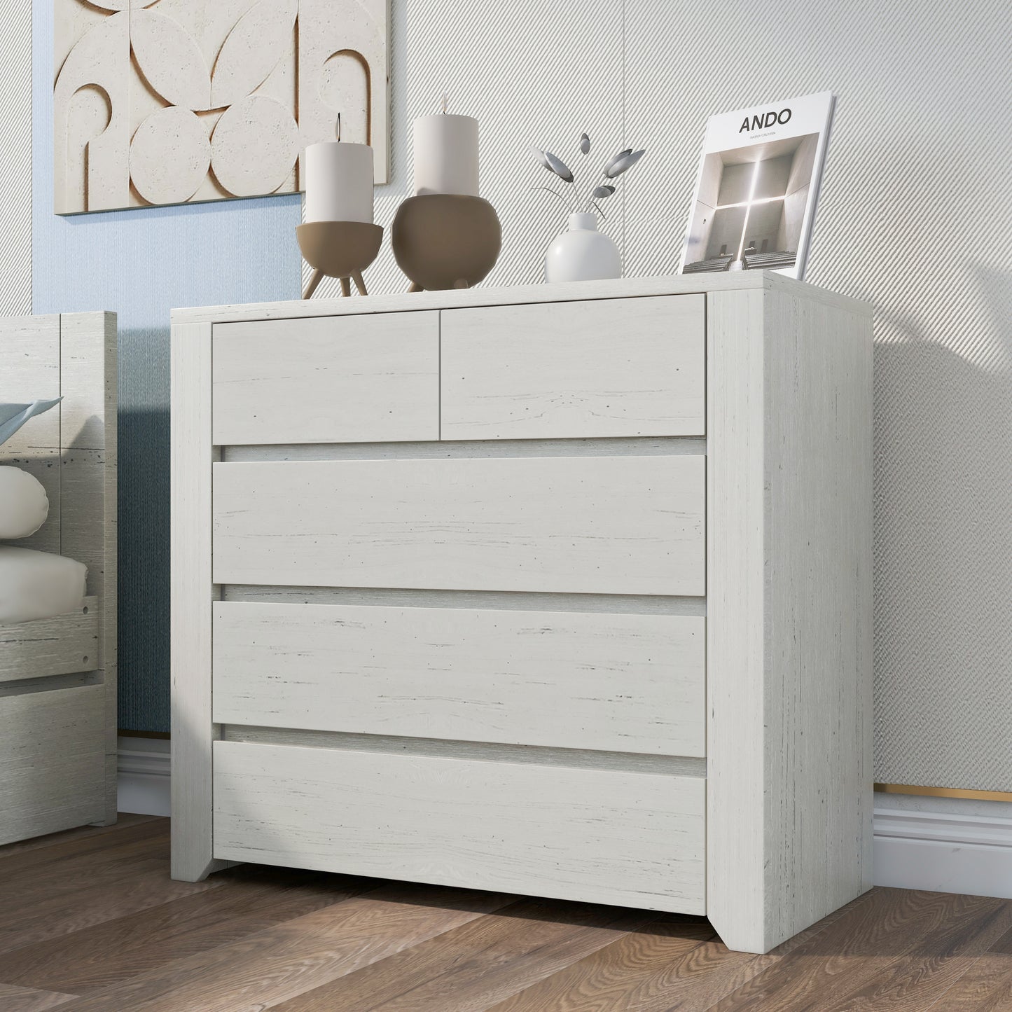 Off White Simple Style Manufacture Wood Chest with Gray Wood Grain Sticker Surfaces Five Drawers Large Storage Space for Living Room Bedroom Guest Room Children’s Room