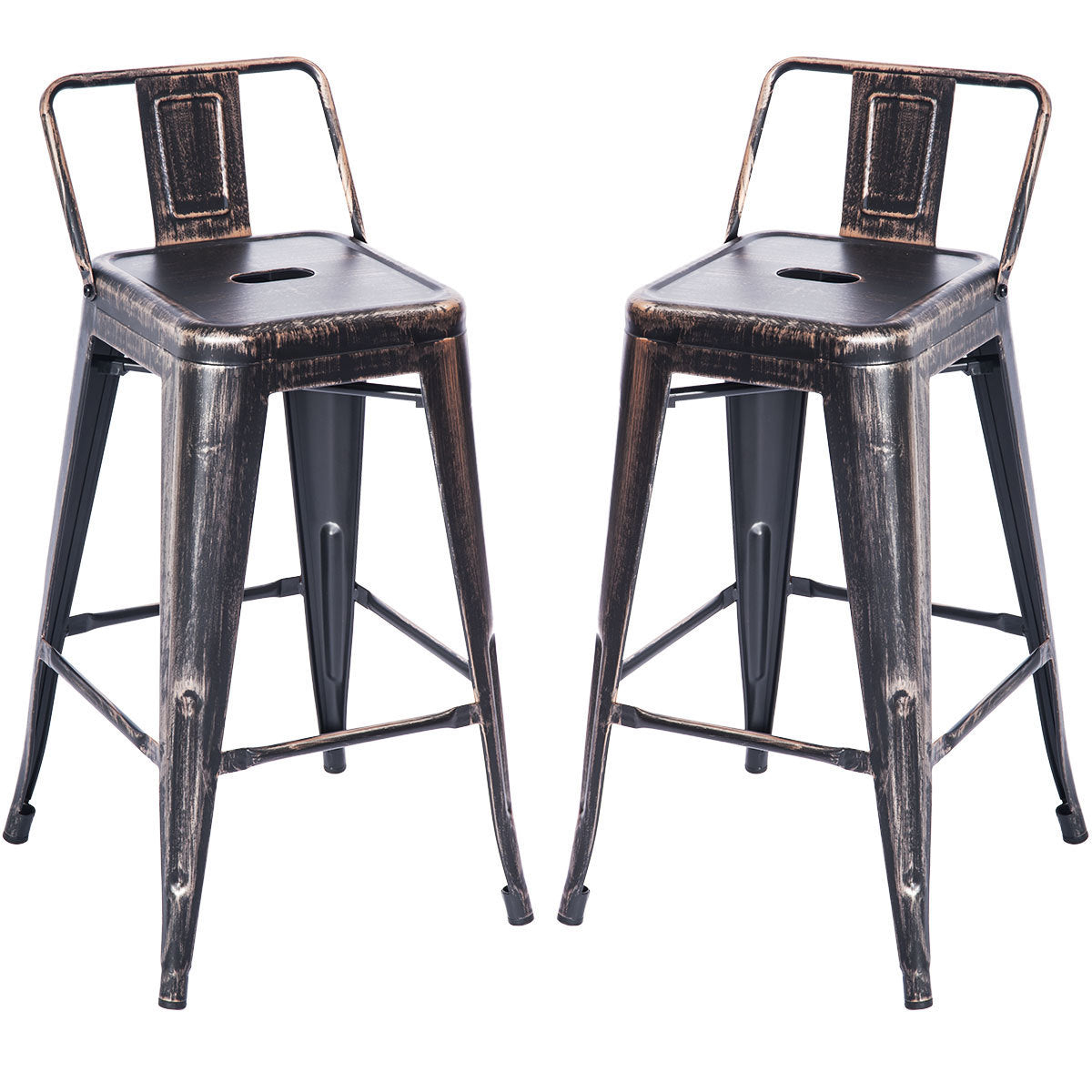 TREXM Low Back Indoor and Outdoor Metal Chair Barstool Set of 2 (Golden Black)