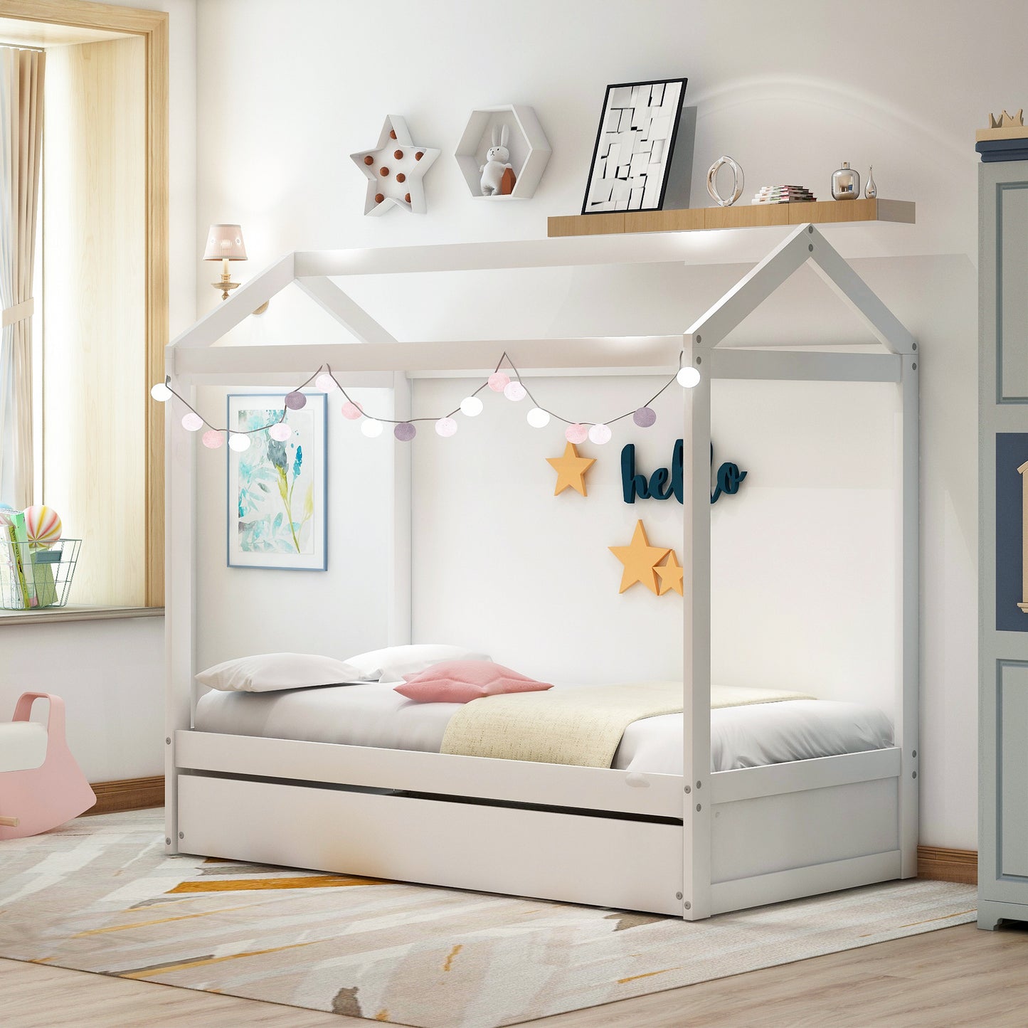 House Bed with Trundle, can be Decorated,White(Old SKU:SM000103AAK)