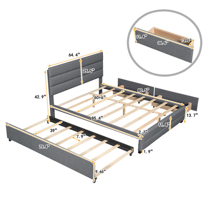 Queen Upholstered Platform Bed with Trundle and Two Drawers,Grey