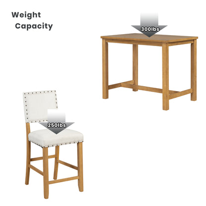 TOPMAX 5 Piece Rustic Wooden Counter Height Dining Table Set with 4 Upholstered Chairs for Small Places, Natural+Beige