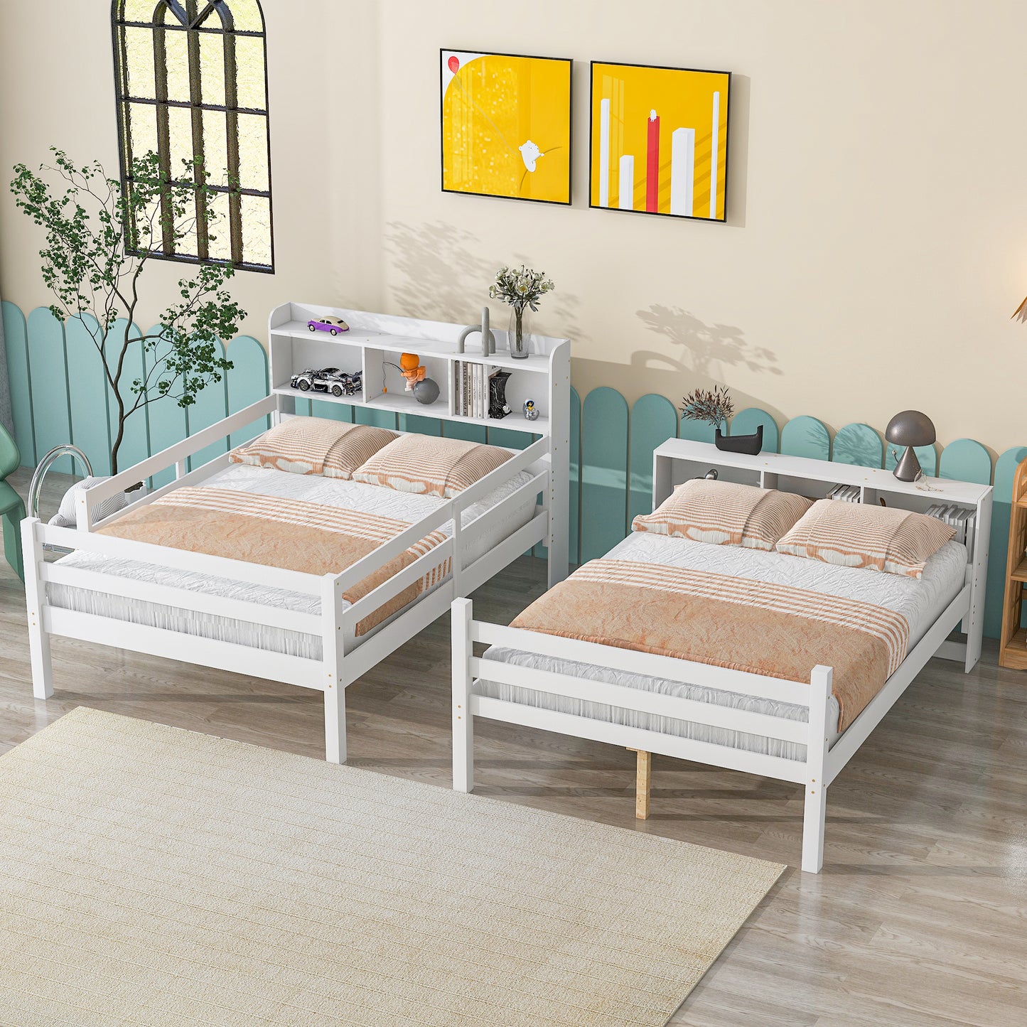 Full Over Full Bunk Beds with Bookcase Headboard, Solid Wood Bed Frame with Safety Rail and Ladder, Kids/Teens Bedroom, Guest Room Furniture, Can Be converted into 2 Beds, White