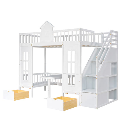 Twin-Over-Twin Bunk Bed with Changeable Table , Bunk Bed  Turn into Upper Bed and Down Desk with 2 Drawers - White