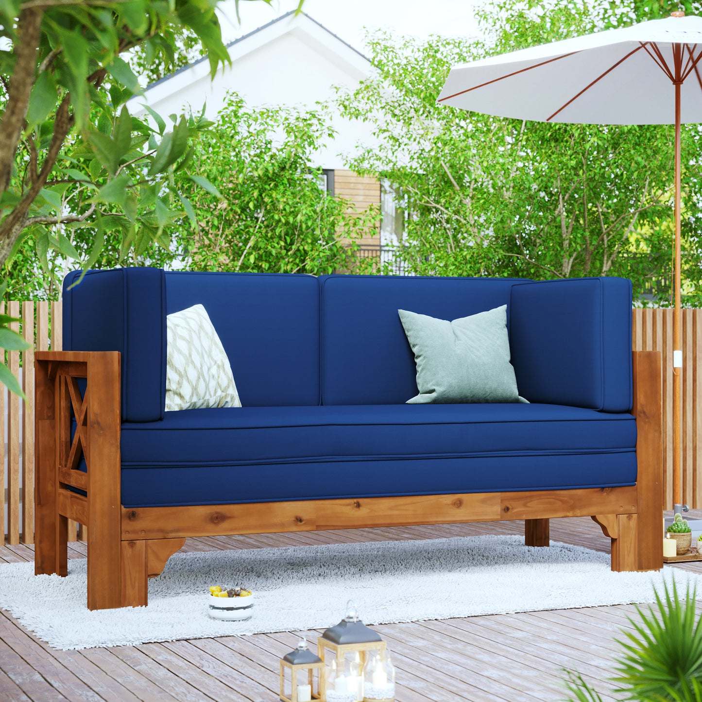 TOPMAX Outdoor Patio Extendable Wooden Sofa Set Sectional Furniture Set with Thick Cushions for Balcony,Backyard, Poolside, Brown Finish+Blue Cushion