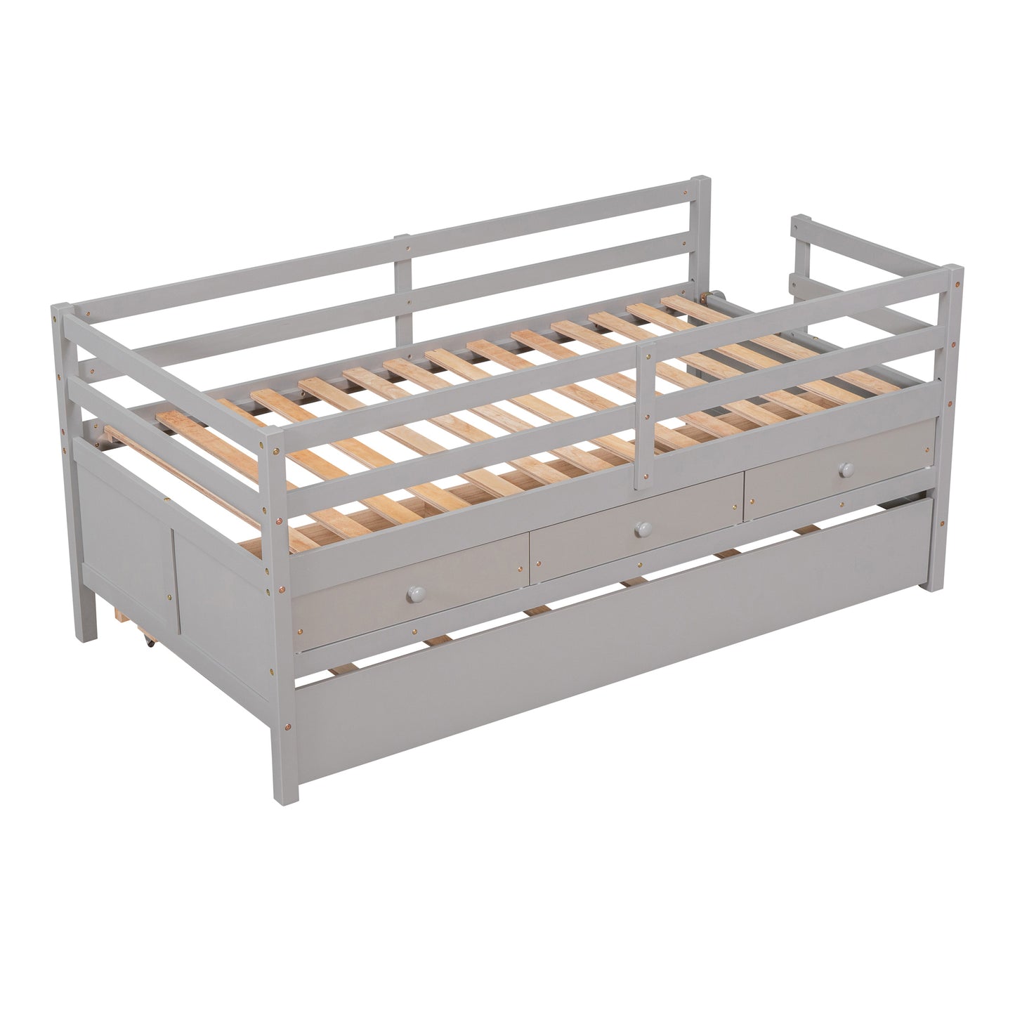 Low Loft Bed Twin Size with Full Safety Fence, Climbing ladder, Storage Drawers and Trundle Gray Solid Wood Bed