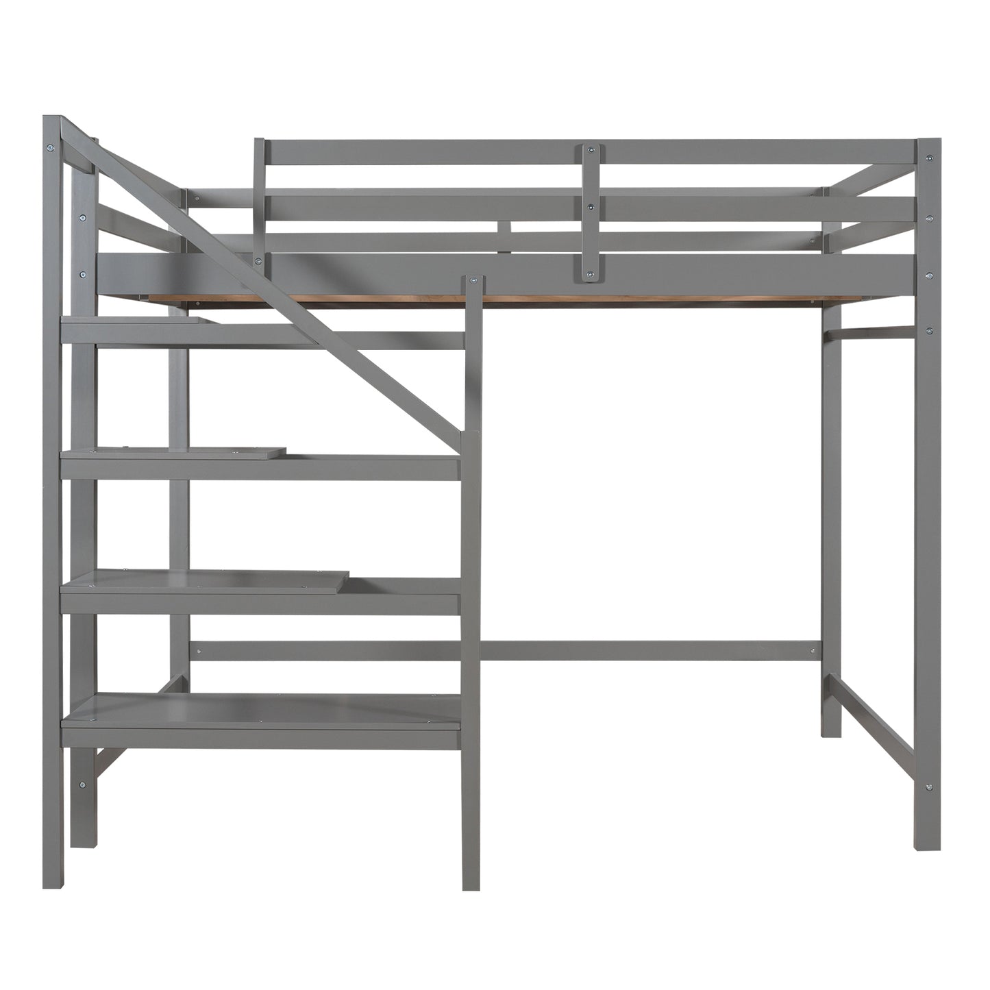 Full Size Loft Bed with Built-in Storage Staircase and Hanger for Clothes,Gray