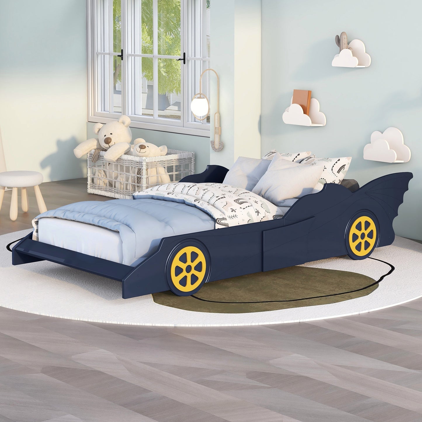 Twin Size Race Car-Shaped Platform Bed with Wheels,Blue+Yellow