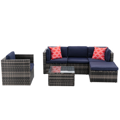 6Pcs Outdoor Garden Patio Furniture  PE Rattan Wicker  Sectional Cushioned Sofa Sets with 2 Pillows and Coffee Table