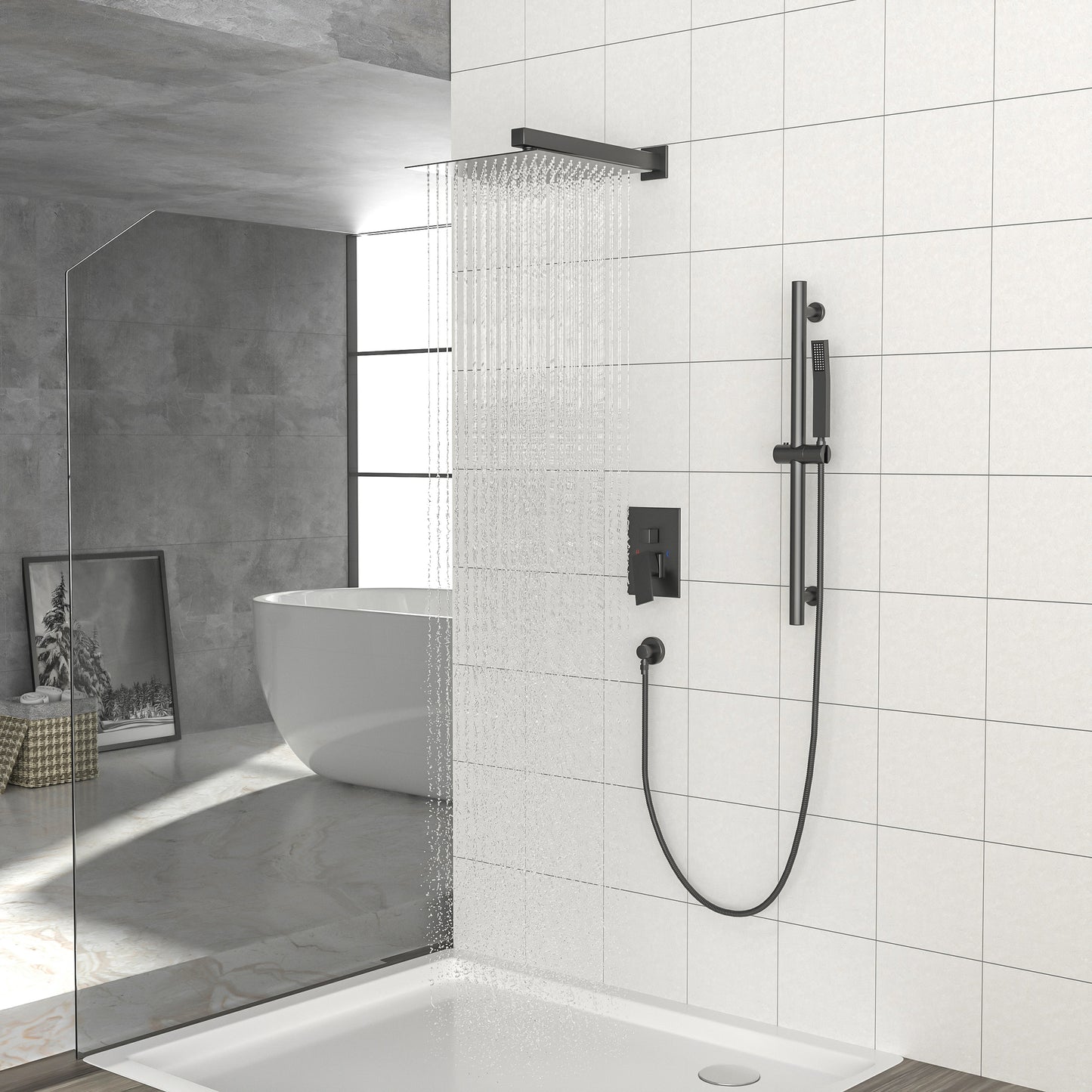 12" Rain Shower Head Systems ,with 26.18 inch Adjustable Angle Slide Bar,Matte Black,Wall Mounted shower